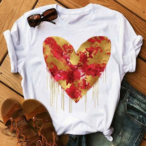 Women Fashion Black T Shirt Big Hearted Red and Gold Print T Shirt Female Casual Short Sleeve Tops Women Cute Graphic Tee Shirts