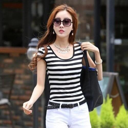 Spring and Summer Womens Slim Fit Striped New Short-sleeved T-shirt Women Plus Size Fat MM Striped Womens Bottoming Top
