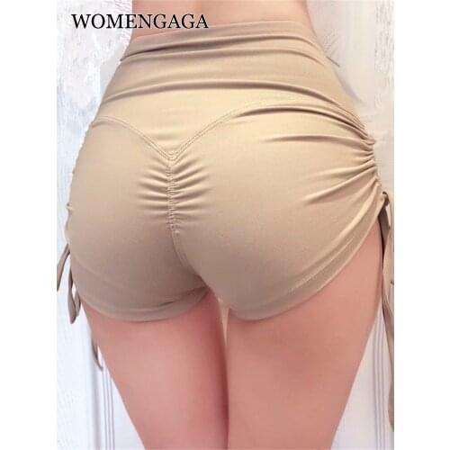 WOMENGAGA Pleated Drawstring Lace Up Bandage Peach High Waist Skinny Hip Workout Sports Leisure Fashion Shorts Korean Women 8B2S