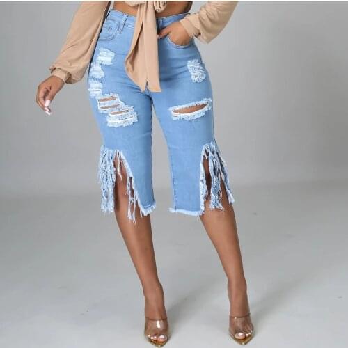 Wsevypo Women Holes Short Jeans with Pockets Fashion Streetwear Distressed Slim Fit High Waist Split Ripped Denim Shorts S-3XL