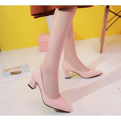 New Fashion Womens Wedding Shoes Female PU Leather Shallow Pointed Toe Square Heel Heels Slip-On Comfortable Casual High Heels