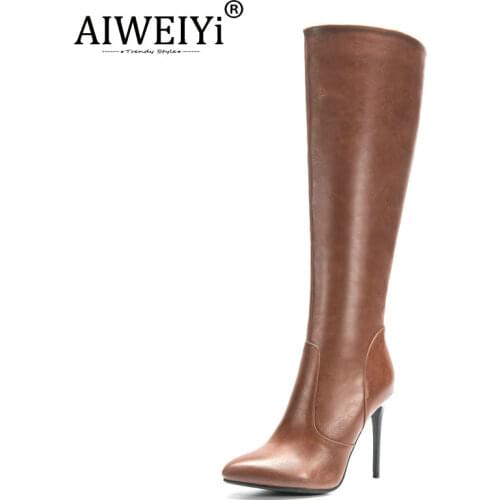 AIWEIYi Winter Boots for Women Stiletto Heel High Heels Thigh High Boots Black Brown Knee High Boots Fashion High Heels Boots