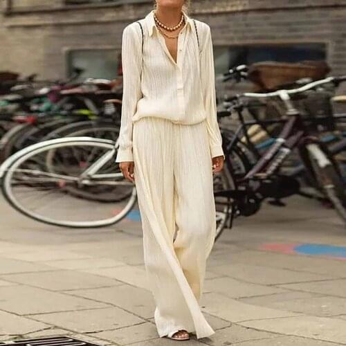 Elegant Office Lady Shirt Suit Summer Long Sleeve Button Tops And Long Pants Outfit Solid Spring Women Two Piece Set Streetwear