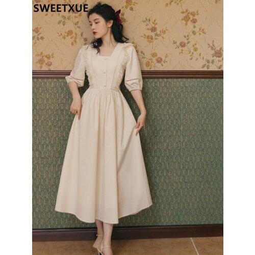 SWEETXUE Summer Womens New French Chic Design Retro Dress Square Collar Lace Patchwork Hollow Out Lace-Up Elegant Princess