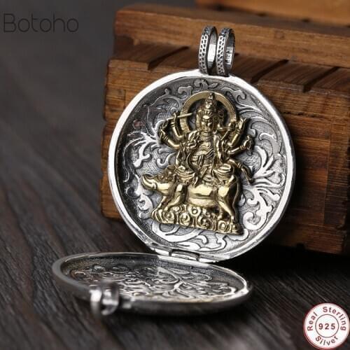 100% 925 Silver colour Tibetan Six Words Gau Box Pendant Silver colour Buddhist Marici Buddha Statue Prayer Box Pendant Vajra