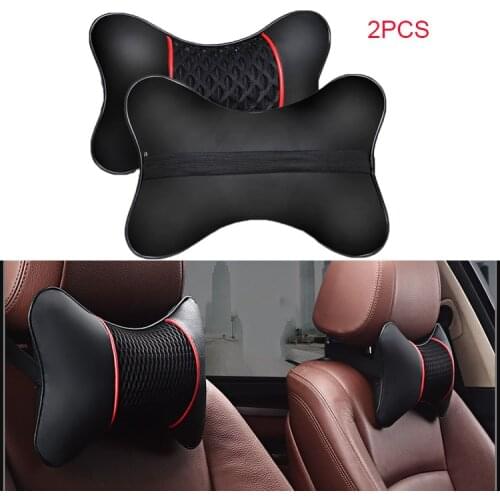2Pcs PU Leather Knitted Car Pillows Headrest Neck Rest Cushion Support Seat Accessories Auto Black Safety Pillow Universal Decor