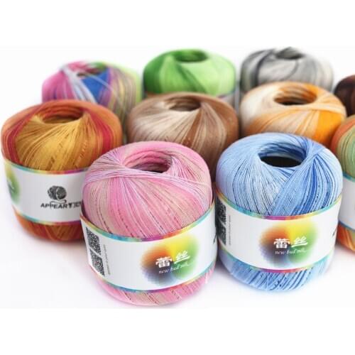 Free Shipping 50g/Ball Cotton Metallic Lace Rainbow Yarn Colorful Thin Thread For Crocheting Knitting By 1.55mm Crochet Hooks