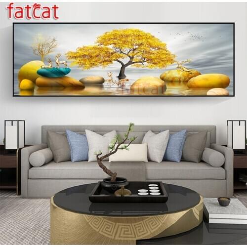 FATCAT Golden tree stone landscape large 5D Diy Daimond Painting Full Square Round drill Rhinestone Embroidery Sale AE2542
