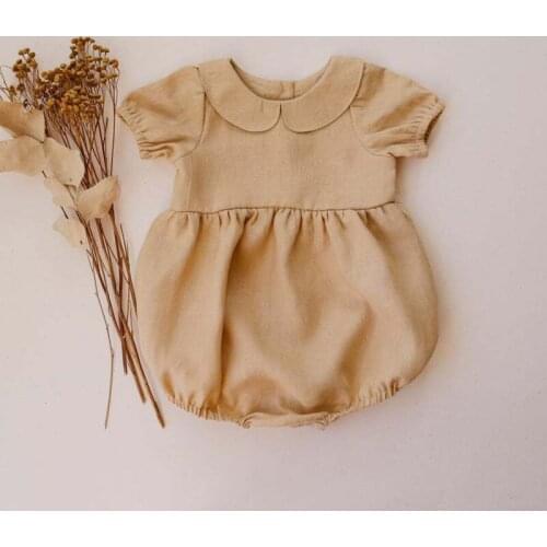 Baby Girl Cotton Linen Rompers Toddler Girl Solid Color Summer Jumpsuit Newborn Boys Short Sleeve One-pieces 0-2Y Infant Clothes