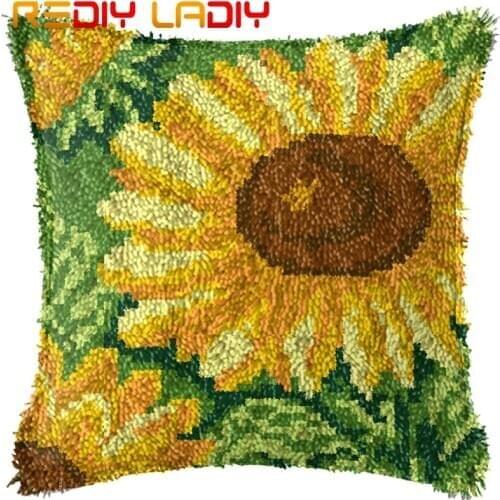 Latch Hook Cushion Gold Sunflowers Pillow Case Printed Color Canvas Acrylic Yarn Latched Sofa Pillow Crochet Cushion Cover Kits
