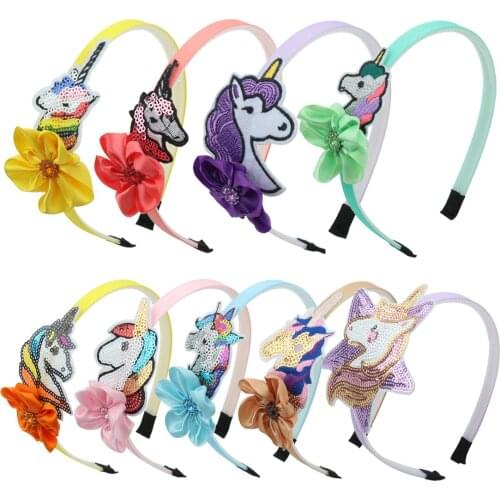 1 PC Girls Hairband Unicorn Hairbands Sequin Embroidery Sew Headband Shinning Children Hair Accessories Flower Head Hoop