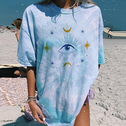 Graphic Casual Loose Vintage T-shirt Women T Shirt 2021 Tie-dye Eyes Letter Print Oversized Harajuku Tees Tops женские футболки