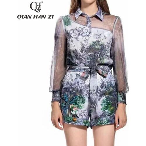 Qian Han Zi spring fashion autumn two-piece set Long-sleeved see-through tulle stitching print top+belt slim shorts set Women