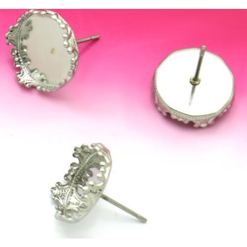 20pcs Stainless Steel Ear Stud with inner 12mm Crown Cabochon Cameo Setting Blank base, DIY Jewelry findings No Fade