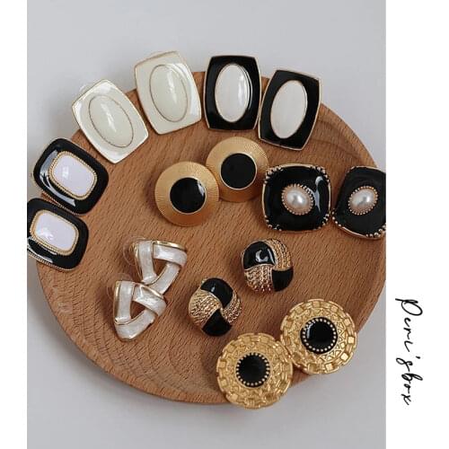 PerisBox 8 Designs Black White Enamel Earrings Square Round Triangle Geometric Earrings for Women French Vintage Stud Earrings