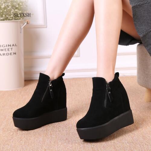 SLYXSH Winter Autumn wedges women high heel snow boots short plush fur ankle boots Increased Internal female platform shoes