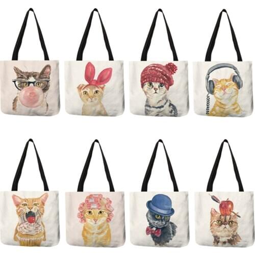 Pretty Girls Handbag Watercolor Cute Manlike Cat Printed Shoulder Bag Eco Linen Reusable Shopping Travel Casual Tote Bag