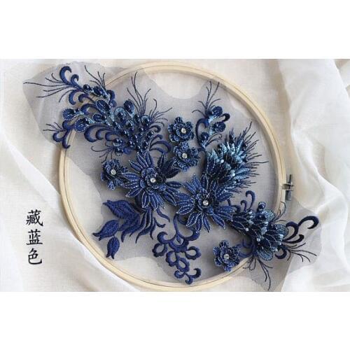 Navy blue heavy bead lace applique, 3D lace applique with rhinestones, bridal 3d floral, 3d flower appliques