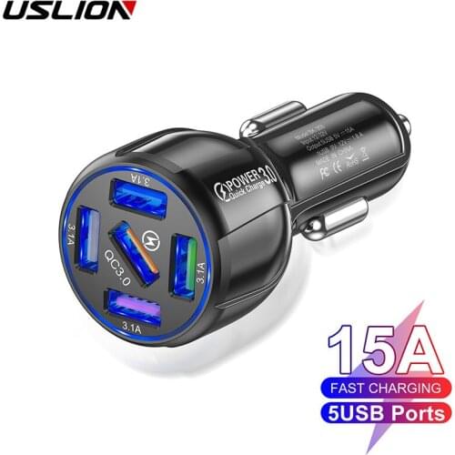 USLION 15A 5 Ports USB Car Charge Mini LED Fast Charging For iPhone 12 Xiaomi Huawei Mobile Phone Charger Adapter in Car Tablet
