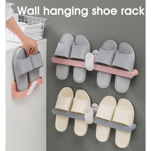 Bathroom Slippers Rack Wall Mounted Shoe Organizer Rack Folding Slippers Holder Shoes Hanger Self Adhesive Storage Towel Racks