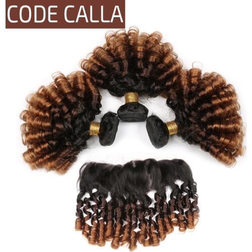 Ombre Bouncy Curly Hair Bundles with Frontal T1B/4/30 Brazilian Remy Human Hair Weave 3 Bundles with 13X4 Lace Front Closure