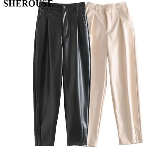 SHEROUSE Women Fashion Front Zipper Solid Faux Leather Pants Vintage Hight-waist Elastic Waist Casual Female Trousers Chic Pant