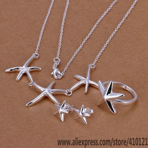 S174 Lucky Charm Silver Color Jewelry Sets For Women Fashion Jewelry Lady Accessories Fashion Starfish Ring Stud Earrings