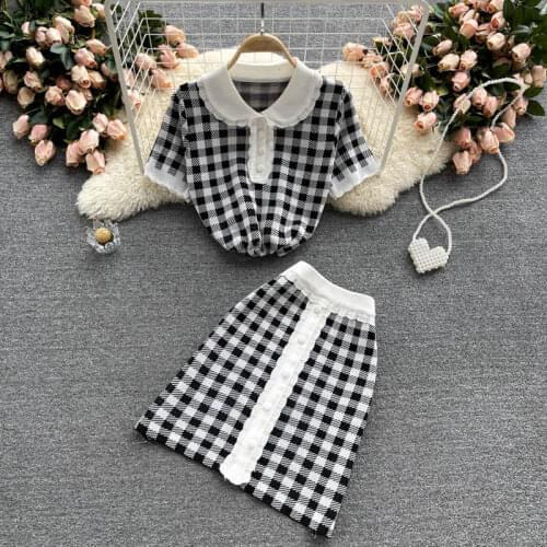 2021 Summer New Short Sleeve Peter Pan Collar Lace Ruffle Tops +Short Mini Skirt Plaid Knitted Plaid Two Piece Set Women Outfits