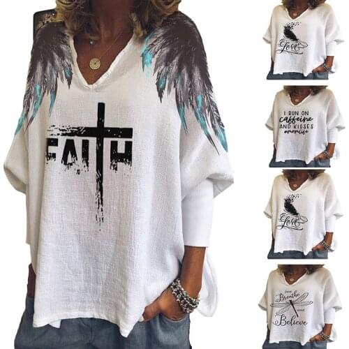 Womens top Faith wings print v-neck long sleeve loose T-shirt top Fashion women Blouse