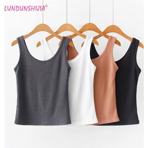 LUNDUNSHIJIA 2019 New Arrival Summer Solid Knitting O-neck Camisole Top Short Slim Outer Wear Trend Tank Tops