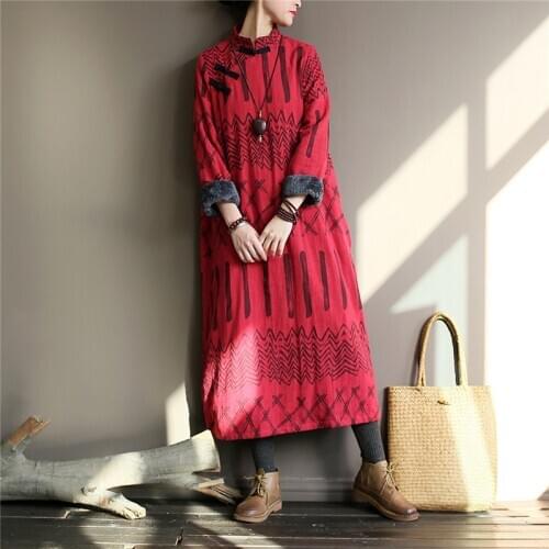 Johnature Women Vintage Winter Dress Chinese Style Stand Long Sleeve Robes Print Floral 2020 New Fleece Warm Loose Cotton Dress