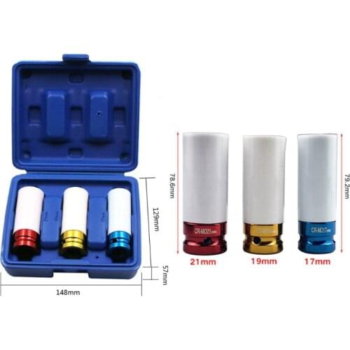3Pcs Auto Car 1/2" 17mm/19mm/21mm Tire Protection Sleeve Wall Deep Impact Wheel Nut Socket Set with Box