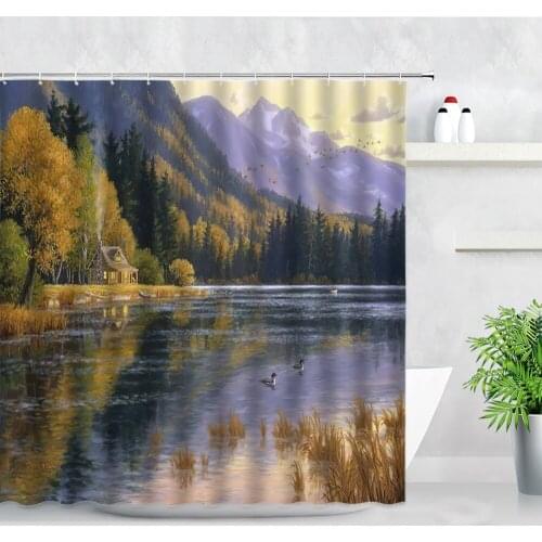 3D Forest Landscape Oil Painting Shower Curtains Mountain Trees House Fairy Tale Scenery Bath Screens Decor Bathroom Curtain Set