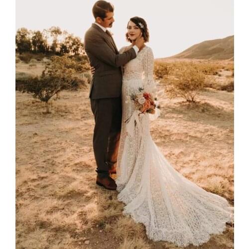 #9653 Long Sleeves Sexy Lace V-Neck Bohemian Boho Wedding Dress Backless Beach Barn Ranch Plus Size Custom Made 2021