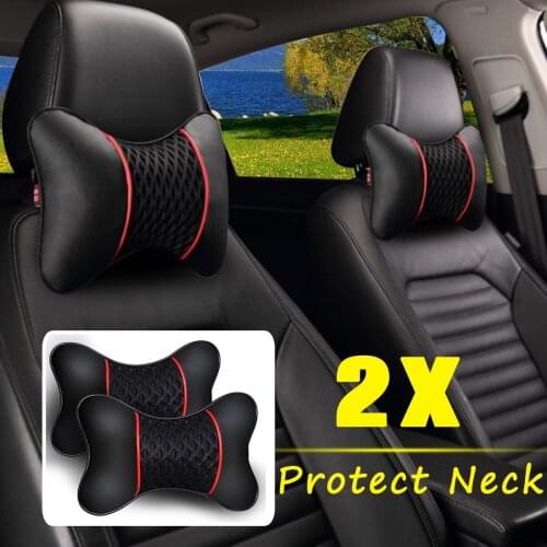 Leather 2Pcs PU Knitted Car Pillows Headrest Neck Rest Cushion Support Seat Accessories Auto Black Safety Pillow Universal Decor
