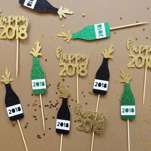 GLITTER happy 2018 New Year cupcake toppers wedding birthday party decoration doughnut food treat fruit toothpicks