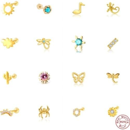 BOAKO 925 Sterling Silver Turquoise Diamond Stud Earring For Women Cute Animal Dragonfly Cactus Cloud Ear Stud Fine Jewelry 1PC