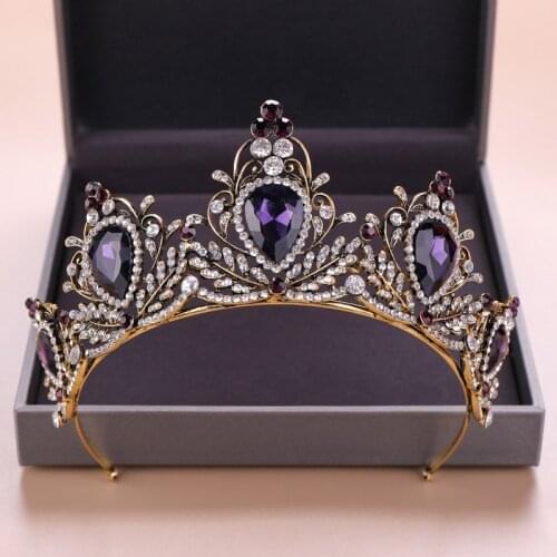 Vintage Purple Crystal Water Drop Diadem Headpiece Rhinestone Bridal Crown Tiara Headband Women Wedding Hair Jewelry Accessories