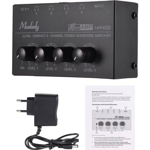 HA400 Ultra-compact 4 Channels Audio Amplifier Mini Audio Stereo Headphone Amplifier with Power Adapter Audio Amp