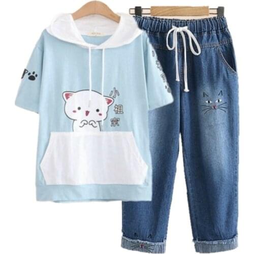 Women Sets Top And Pants Cartoon Print Hooded T Shirt With Elastic Waist Embroidery Calf Length Denim Pants Summer Clothes Sets