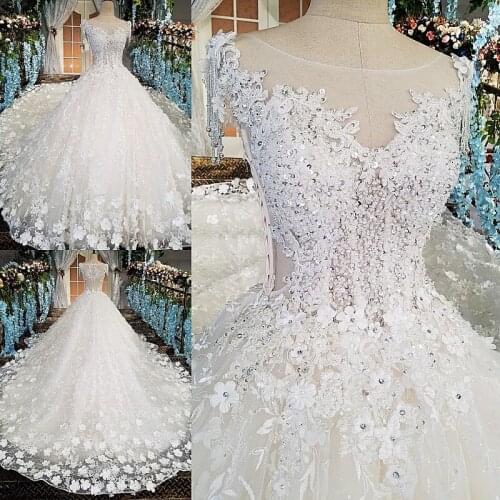 Illusion Ivory Lace Ball Gowns Wedding Dresses Princess Boat Neck Beads 3D Flowers Vestidos De Novia 2020 Puffy Bridal Gowns