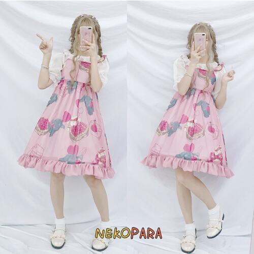 Cherry Heart Rabbit Sweet JSK Lolita Dress Summer Chiffon Dress Color Pink&Grey 2Pcs Set:Suspender Dress+Shirt