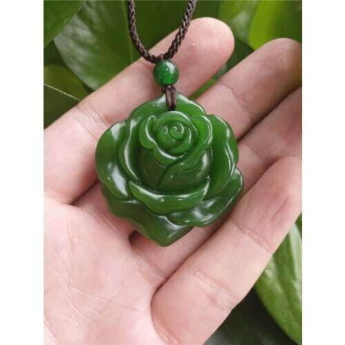 Fashion Natural Green Selling Jadeite Rose Necklace Pendant Hand-Carved Lucky Amulet Hot