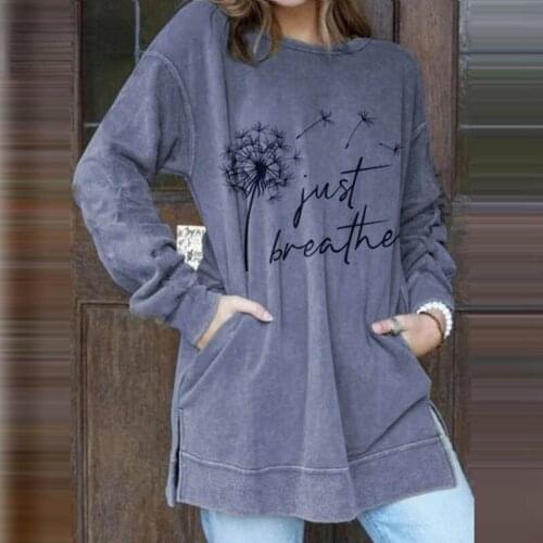 Fashion Autumn Dandelion Print O Neck Long Sleeves Tops Casual Split Sport Streetwear T-shirts Vintage Elegant Womens Pullover