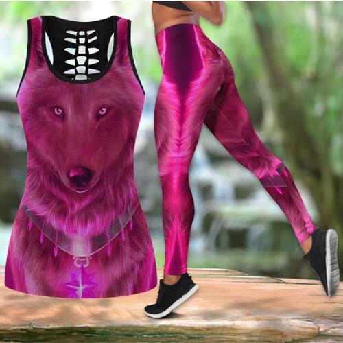 Fashion Animal Wolf Red Women Hollow Tanktop And Leggings For 3D Print Hipster Leisure Streetwear Female Sexy Vests Clothes S-72
