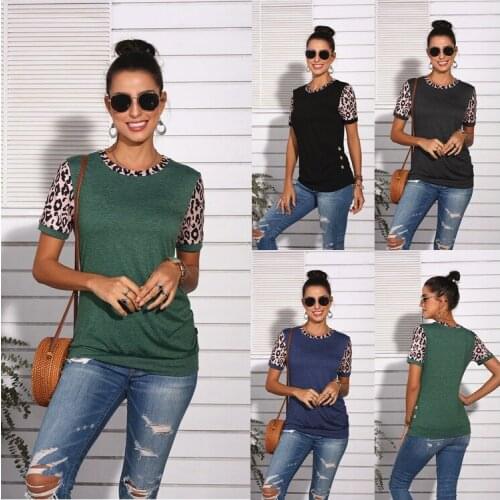 New Womens Short-sleeved Round Neck T-shirt Leopard Stitching Buttons Top Women Drop Shipping