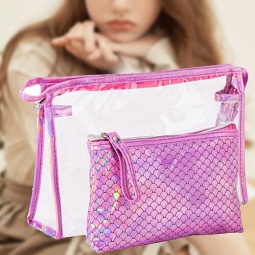 2pcs Portable Travel Cosmetic Bags Fish Scales Makeup Organizer Large Capacity Toiletry Pouch Purse Jl