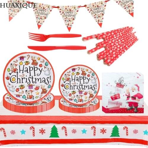 Happy Christmas Party Decor Disposable Tableware Santa Claus Napkin Paper Cup Plate Straw New Year Decor Xmas Party Supplies