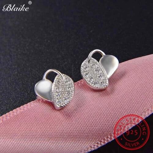 Blaike Real 925 Sterling Silver Tree Leaf Stud Earrings For Women White Zircon Plant Heart Earrings Female Fine Wedding Studs