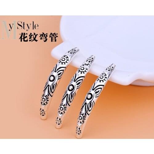 S925 Sterling Silver Tube retro Thai silver pattern elbow Silver Tube hand jewelry DIY Bracelet accessory material bag